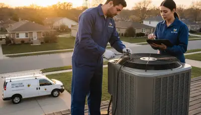 Professional AC repair technician servicing residential HVAC unit in Chicago IL