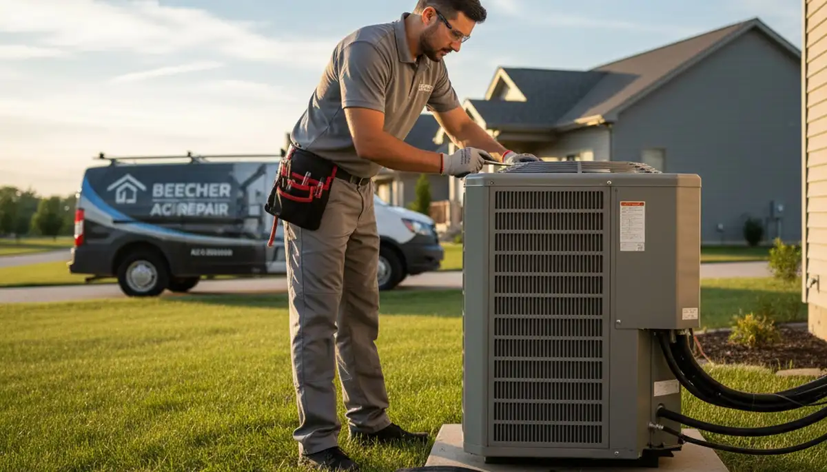 Professional AC repair technician servicing residential unit in Chicago IL