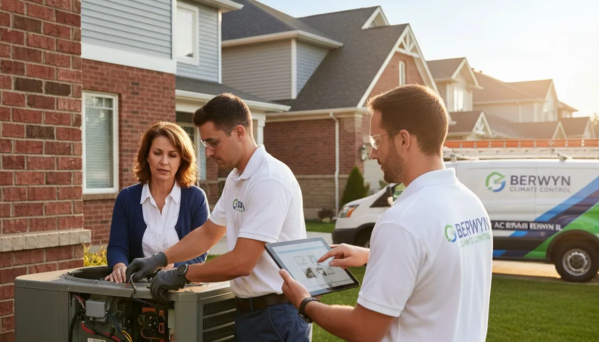 Professional AC repair technician servicing air conditioner unit in Chicago IL home
