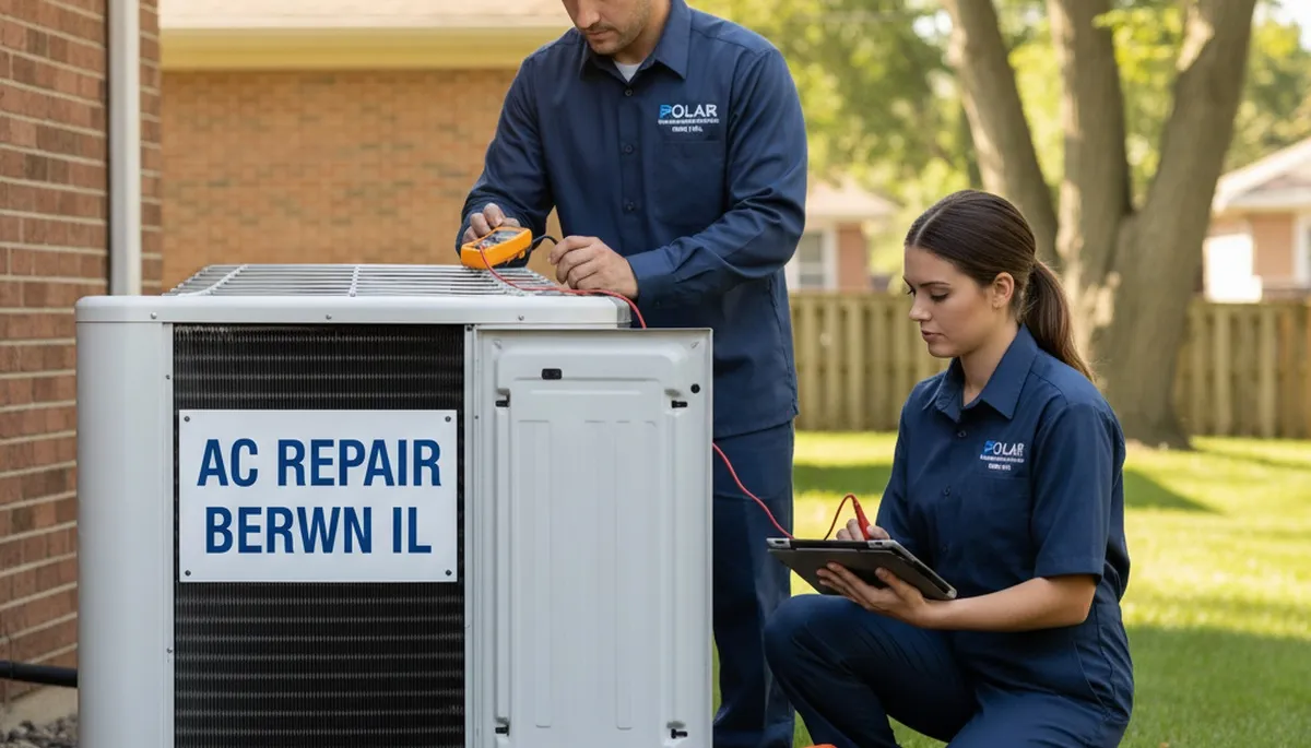 Professional AC repair technician servicing air conditioner unit in Chicago IL home