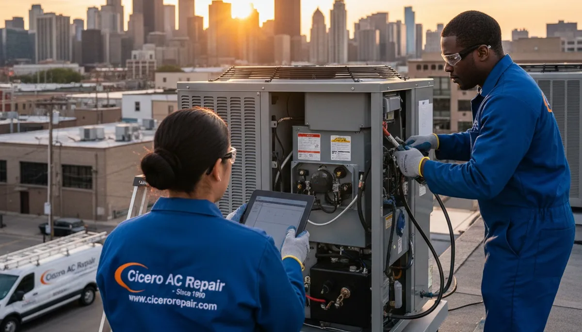 Professional AC repair technician servicing air conditioner in Chicago IL home