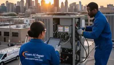 Professional AC repair technician servicing air conditioner in Chicago IL home