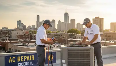 Professional AC repair technician servicing air conditioning unit in Chicago IL home