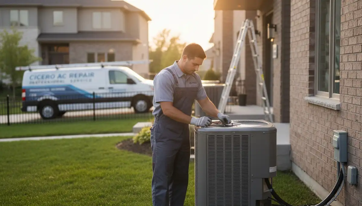 Professional AC repair technician servicing air conditioner unit in Chicago IL home