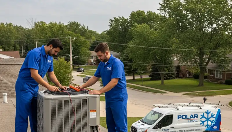 Professional AC repair technician servicing air conditioner unit in Chicago IL home
