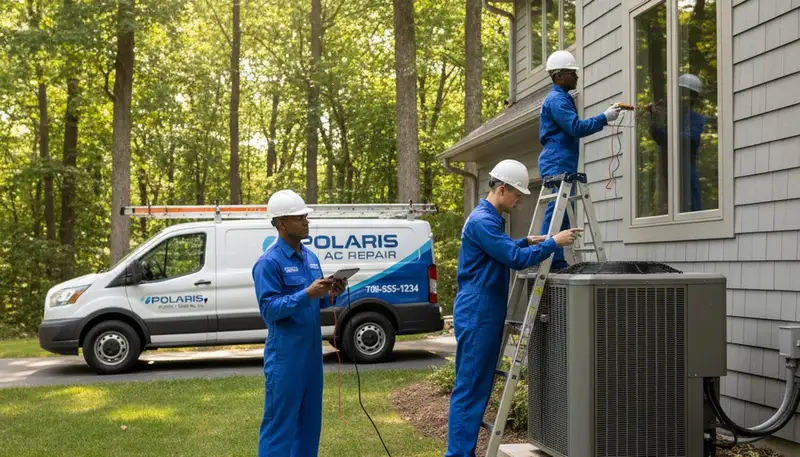 Professional AC repair technician servicing air conditioner unit in Chicago IL home