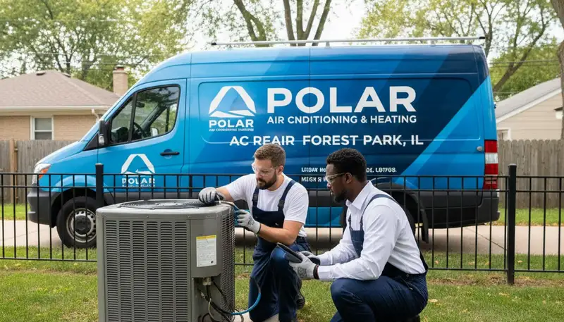 Professional AC repair technician servicing residential HVAC unit in Chicago IL