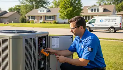 Professional AC repair technician servicing air conditioner unit in Chicago IL