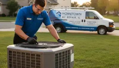 Professional AC repair technician servicing unit in Chicago IL for HVACCompaniesChicago.com