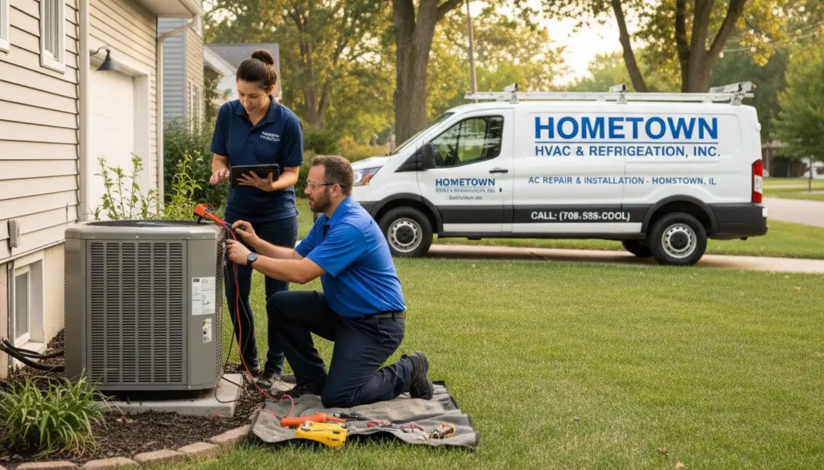 HVAC technician performing residential AC repair service in Chicago IL for hvaccompanieschicago.com