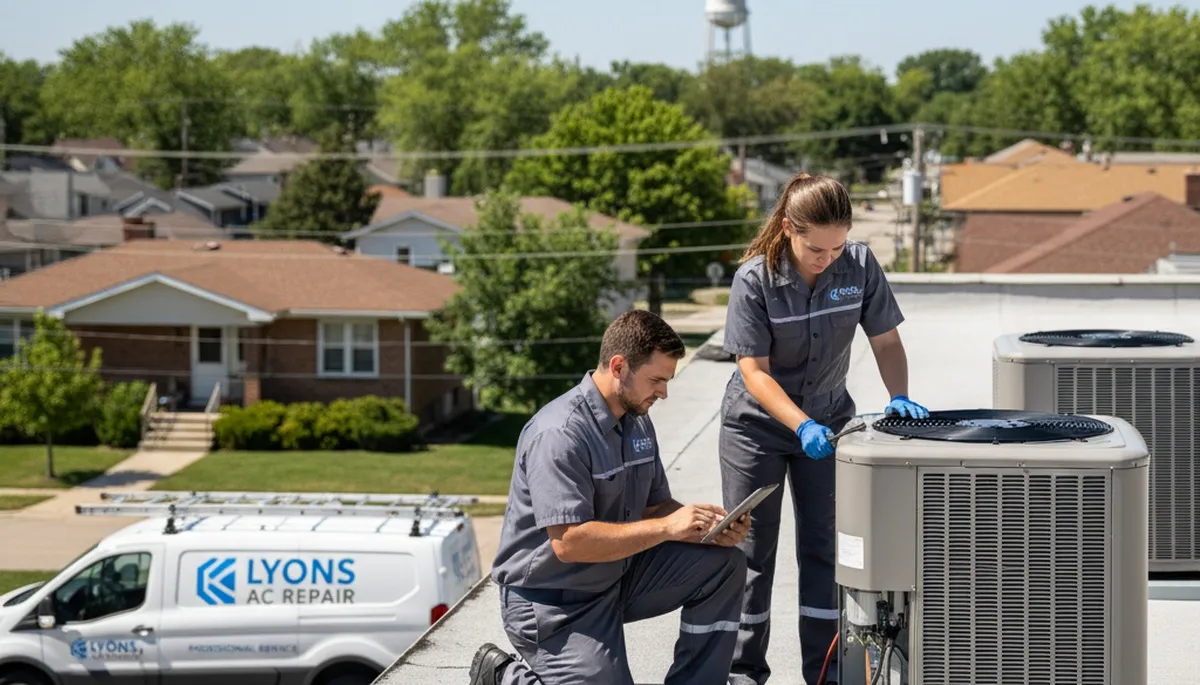 Professional AC repair technician servicing air conditioner unit in Chicago IL
