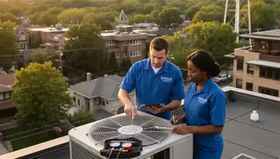 Professional AC repair technician servicing residential HVAC unit in Chicago IL