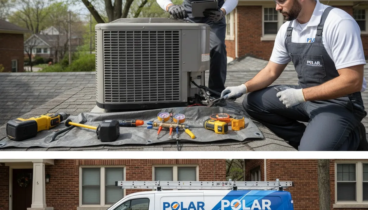 AC repair technician servicing residential unit in Chicago IL for hvaccompanieschicago.com