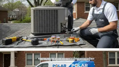 AC repair technician servicing residential unit in Chicago IL for hvaccompanieschicago.com