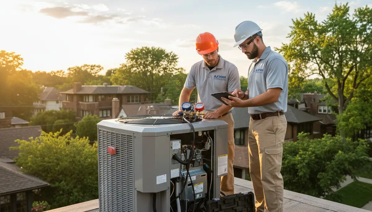 Professional AC repair technician servicing air conditioning unit in Chicago IL home