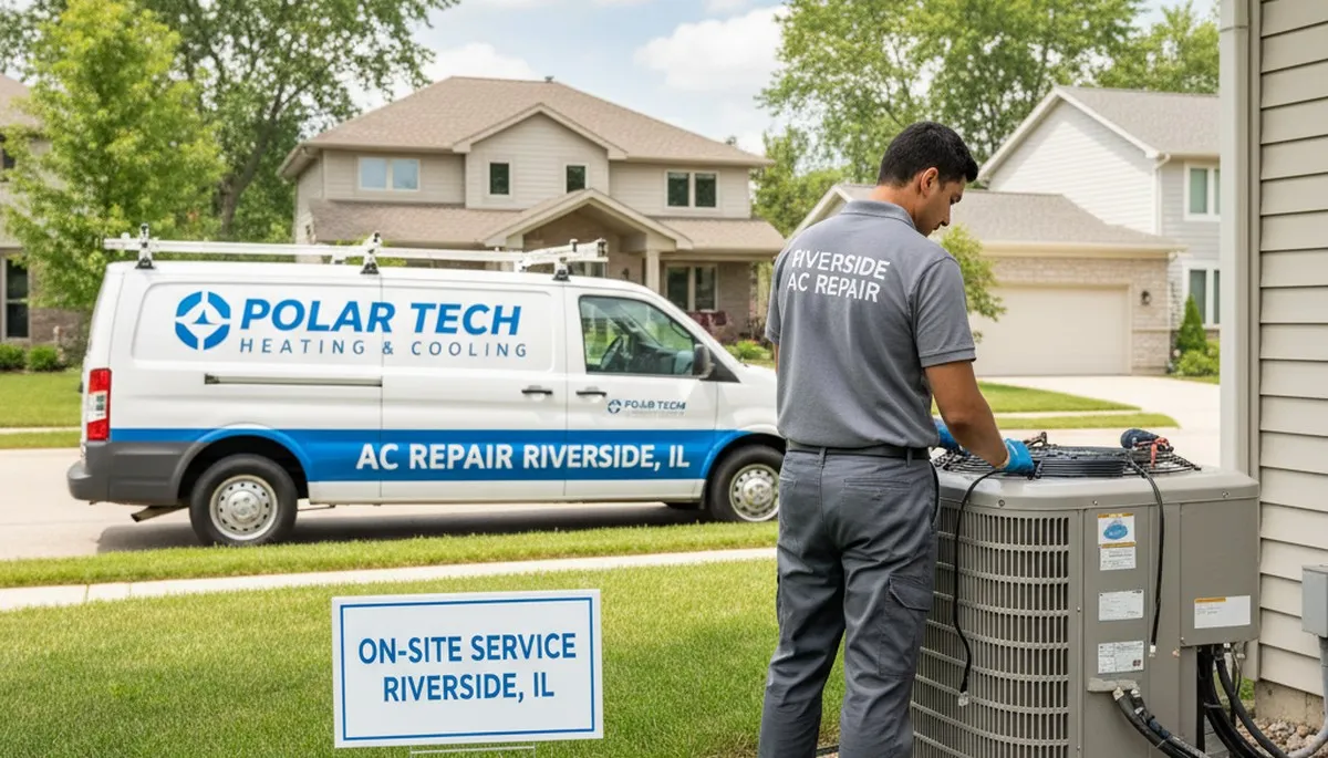 Professional AC repair technician servicing air conditioner unit in Chicago IL home