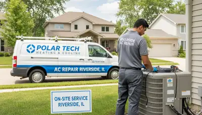 Professional AC repair technician servicing air conditioner unit in Chicago IL home