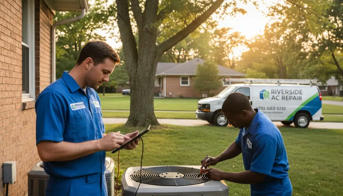 Professional AC repair technician servicing air conditioner unit in Chicago IL home