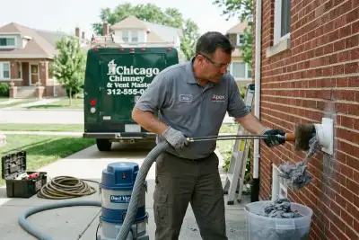 Technician performing professional dryer vent cleaning at Chicago IL home for Five Star Cooling HVAC