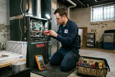 HVAC technician performing professional furnace repair at Chicago, IL home with tools and diagnostic equipment