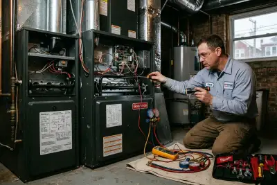 Technician performing residential furnace repair with tools in Chicago, IL for expert heating service