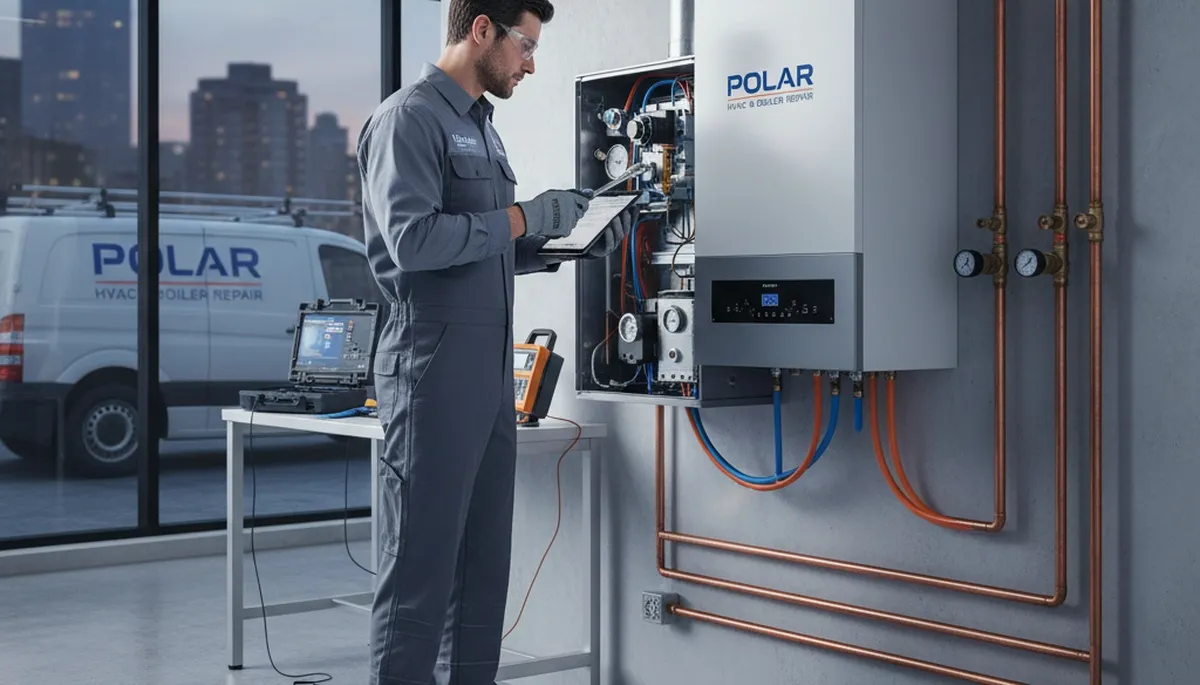 Technician performing boiler repair service in Chicago IL home for Five Star Cooling