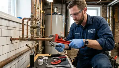 Licensed Chicago plumber performing detailed pipe installation and repair work for local HVAC service