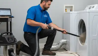 Technician cleaning dryer vent for improved airflow and safety in Chicago, IL home