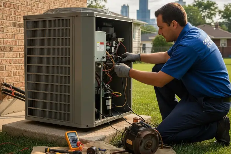 HVAC technician repairing air conditioner at Chicago home for expert AC repair service
