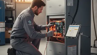Technician performing heating repair on furnace in Chicago, IL home for Five Star Cooling