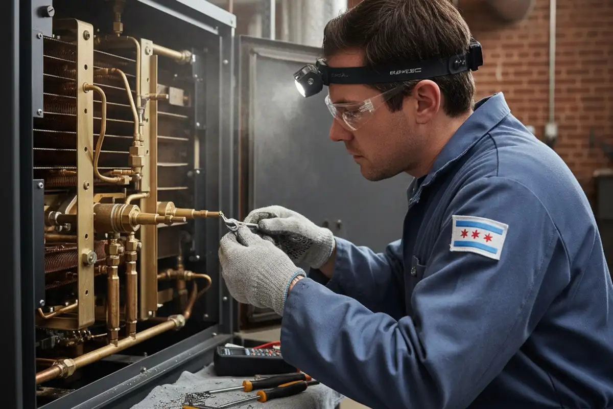Technician performing detailed boiler repair work in Chicago, IL for Five Star Cooling HVAC service