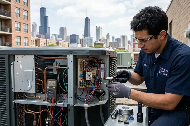 Technician performing precise AC component repair at Chicago, IL home for expert cooling service