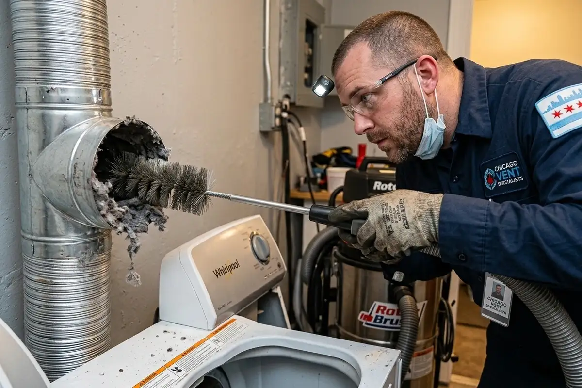 Chicago technician performing detailed dryer vent cleaning with precision tools in Chicago, IL