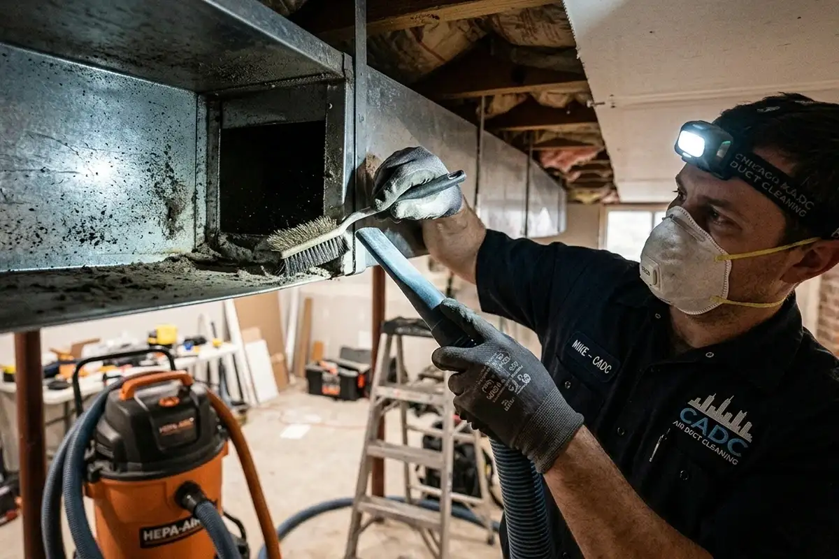 Technician performing detailed air duct cleaning at Chicago IL home for Five Star Cooling HVAC service