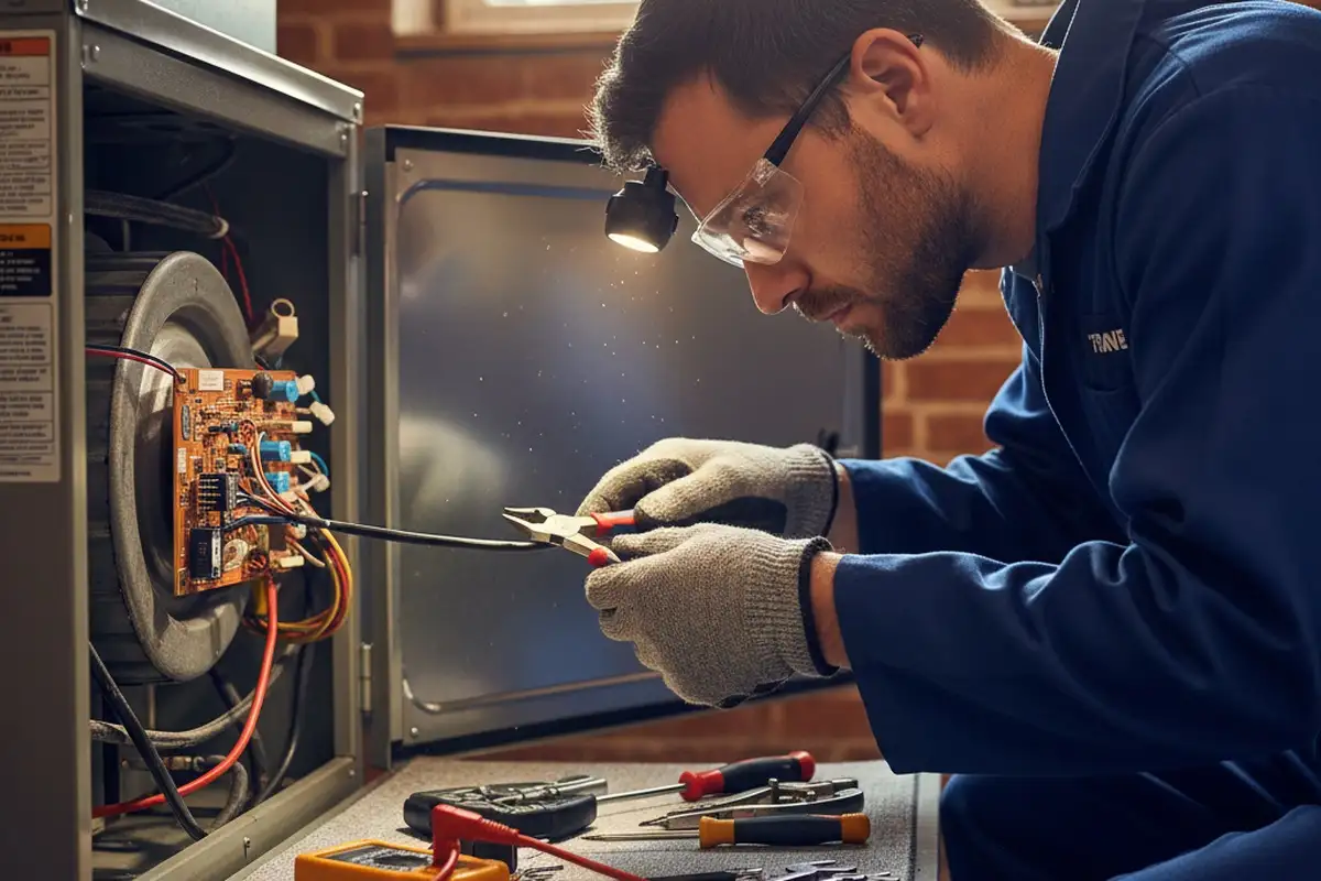 Technician performing precise furnace component repair at Chicago, IL home for Five Star Cooling