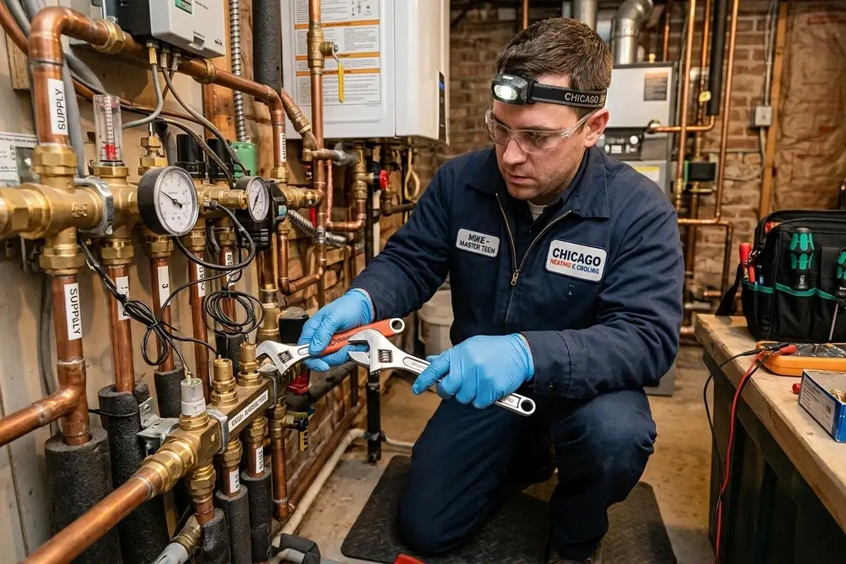 Technician performing precise heating system repair in Chicago, IL for expert HVAC service