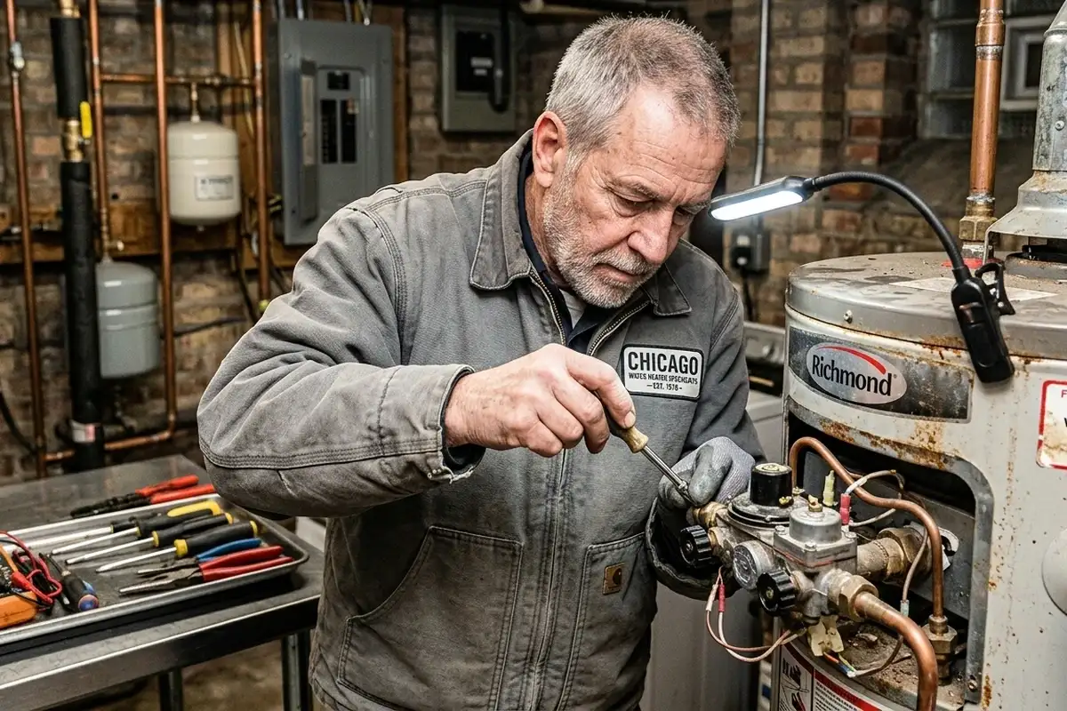 Chicago technician performing precise water heater repair work for reliable HVAC service