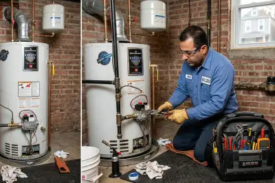 Technician performing water heater repair at Chicago home | Expert HVAC service by Five Star Cooling