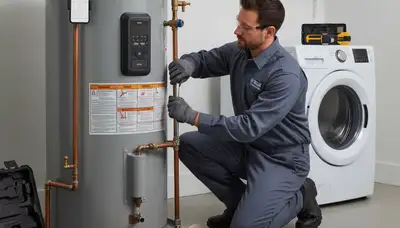 Technician performing water heater repair service in Chicago IL home for Five Star Cooling